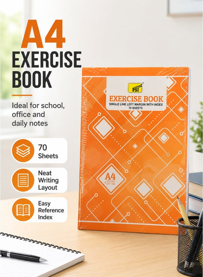 PSI A4 Exercise Book – Single Line, Left Margin, 70 Sheets