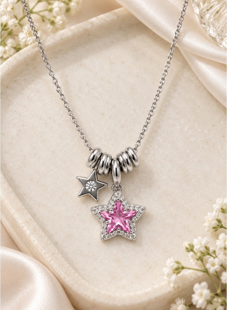 Pink Star Pendant Necklace with Stone Accents