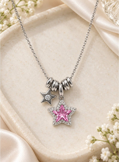 Pink Star Pendant Necklace with Stone Accents