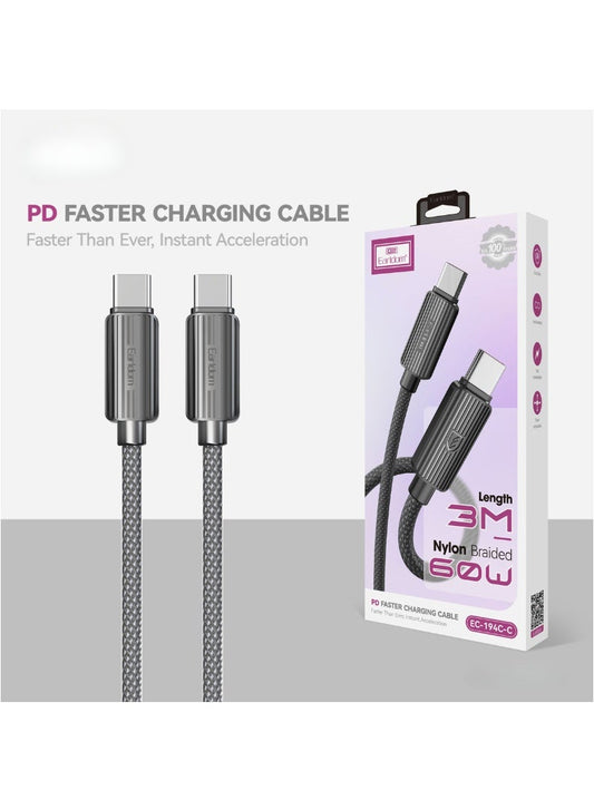 كابل شحن سريع USB-C إلى USB-C من Earldom بقدرة 60 واط ومغلف بقماش مضفر - 3 متر