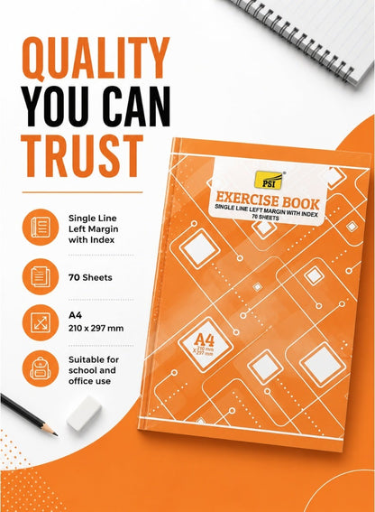 PSI A4 Exercise Book – Single Line, Left Margin, 70 Sheets