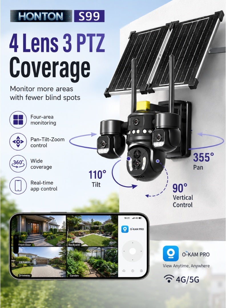 Honton 4-Lens Solar Security Camera – 12MP, 8X Zoom, 4G/5G