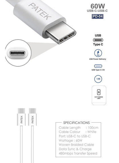 كابل شحن سريع Patek 60W من USB-C إلى USB-C