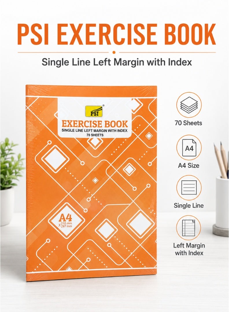 PSI A4 Exercise Book – Single Line, Left Margin, 70 Sheets