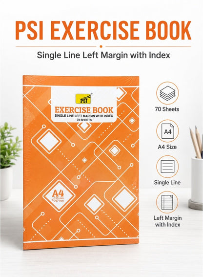 PSI A4 Exercise Book – Single Line, Left Margin, 70 Sheets